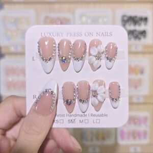 Luxury Handmade Press On Nails with White Tips and Rhinestones Almond Shape